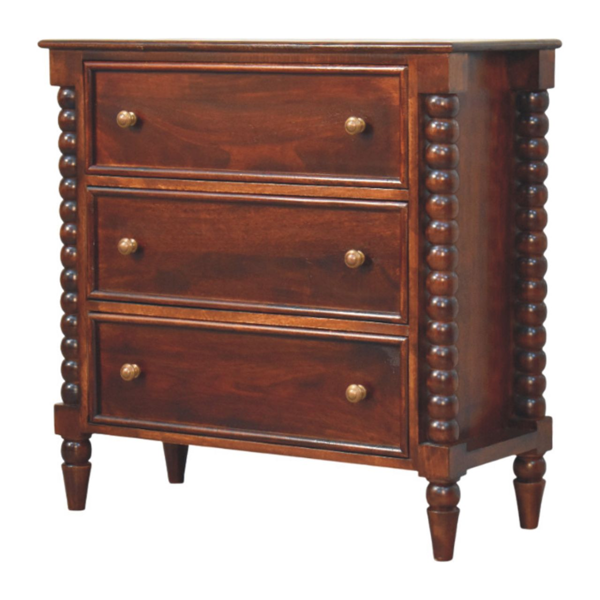 Artisan Furniture Spindle Winewood Solid Mango Wood Chest, 3 Drawers & Carved Legs – Bedroom Storage, Brown