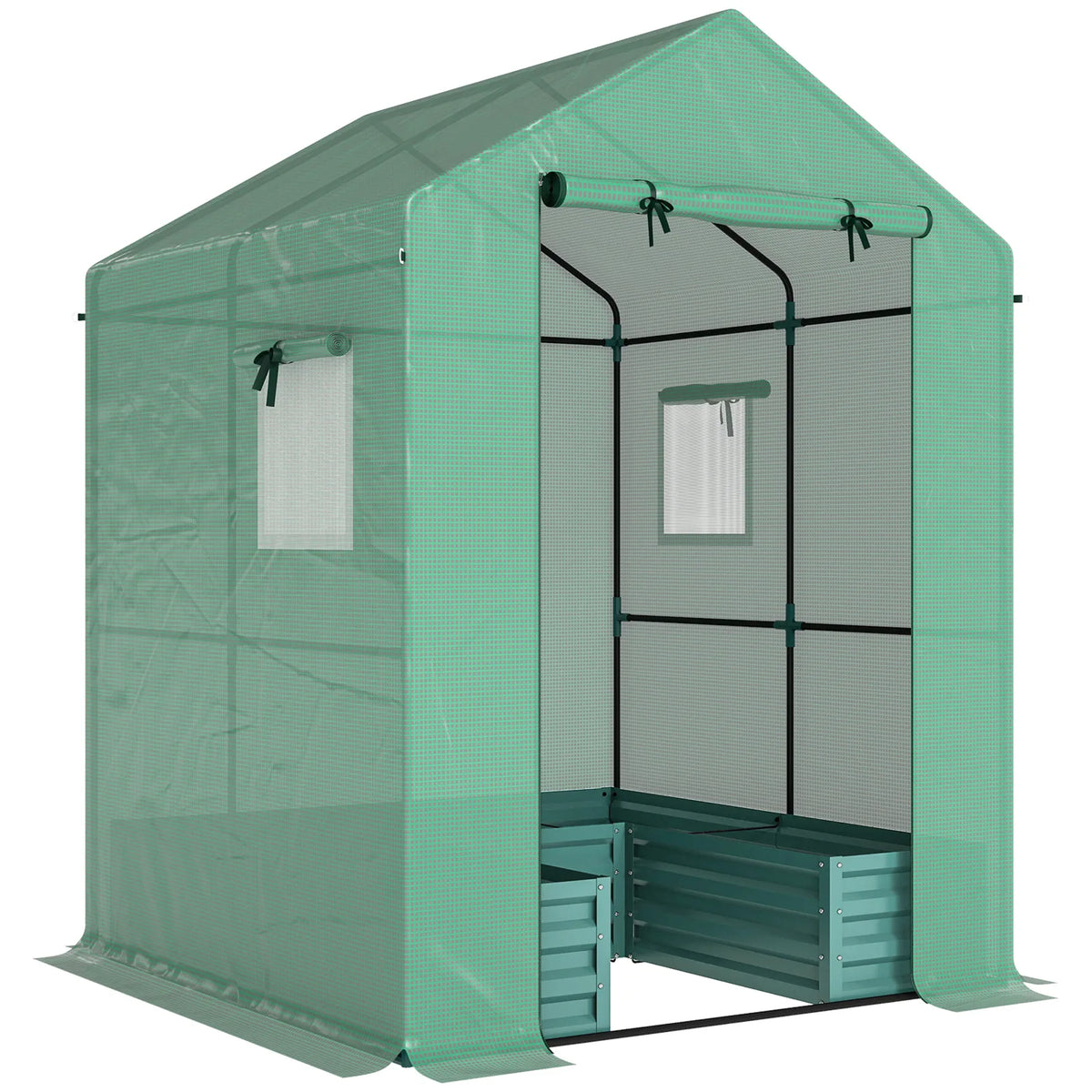 Outsunny Walk-In Greenhouse with Galvanised Raised Bed & Roll-Up Windows, 141 x 141 x 190 cm, Green
