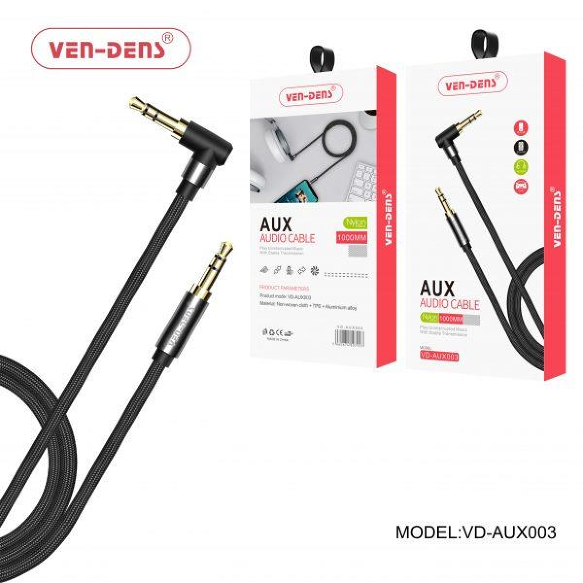 Ven-Dens Stylish AUX Audio Cable 1m – Stable Transmission, Non-Woven Cloth and Aluminium Alloy