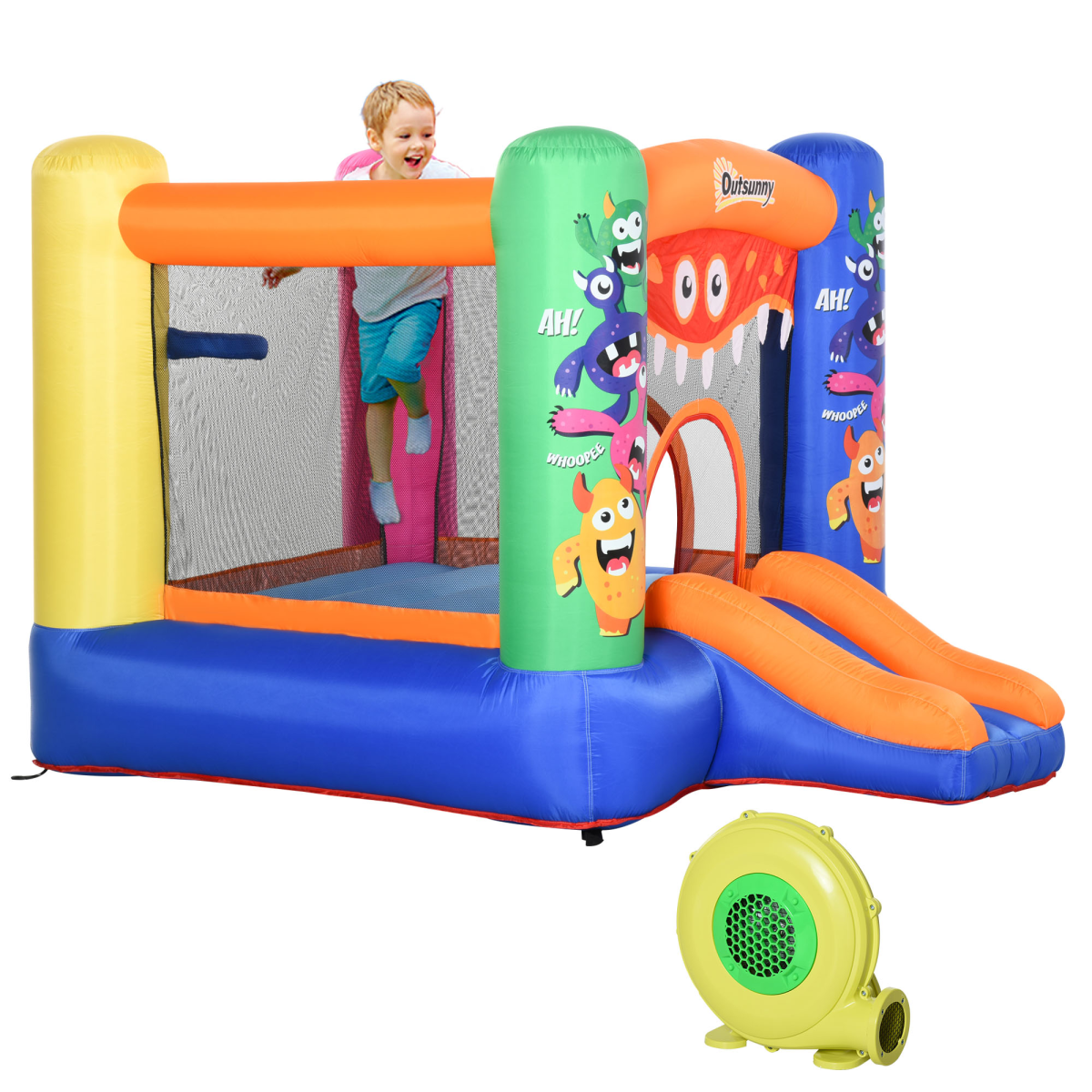 Monster-Themed Bouncy Castle with Slide, Trampoline & Basketball Net – Compact Garden Inflatable with Blower