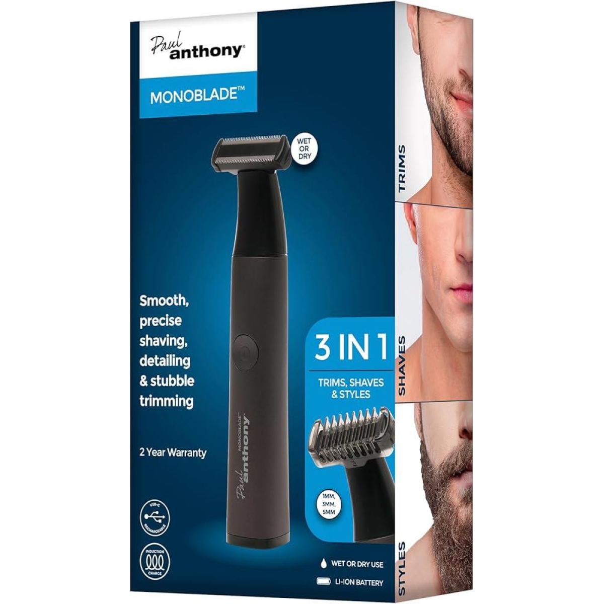 Paul Anthony Monoblade 3-in-1 Induction Shaver & Beard Trimmer – Waterproof IPX7, USB-C Rechargeable