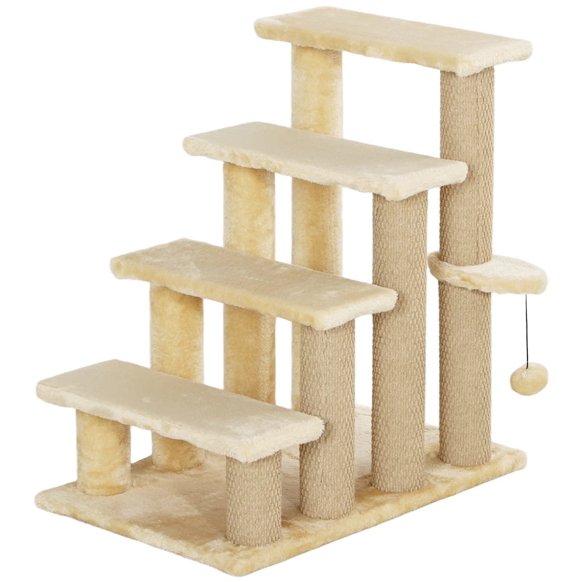 PawHut 4-Step Cat Stairs with Scratching Posts, Platform and Toy Ball – Pet Steps, Beige