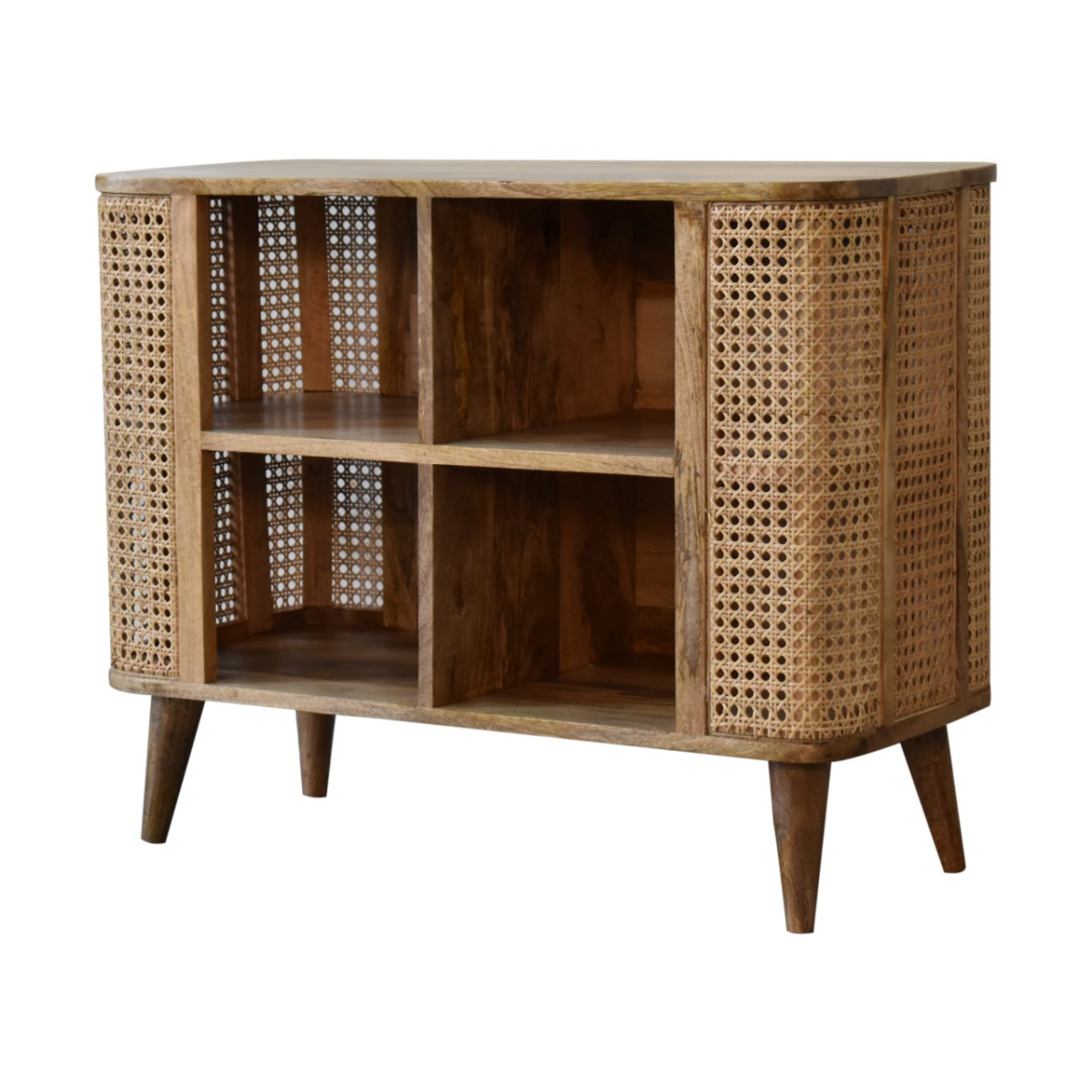 Artisan Furniture Solid Wood Larissa Open Double Cabinet with Rattan Design – 4 Shelves, Beige