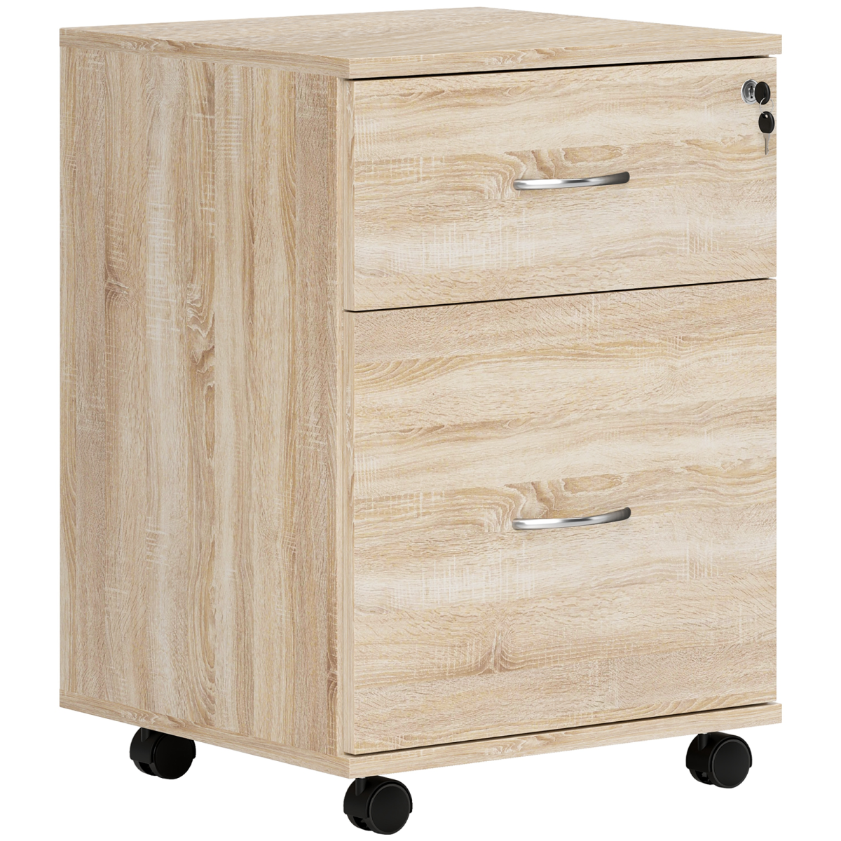 HOMCOM Mobile Pedestal Filing Cabinet with 2 Drawers, Lockable Top & Wheels – Office Storage, Oak Effect