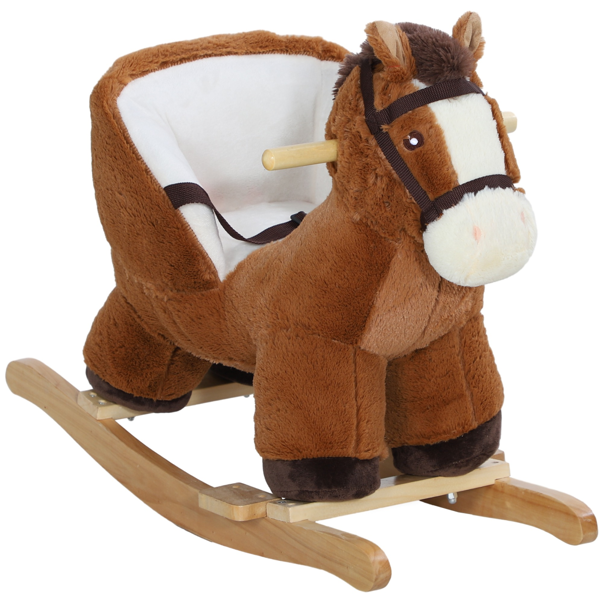 AIYAPLAY Kids Rocking Horse with Neighing Sounds, Safety Belt and Footrest – Toddler Ride On, Brown