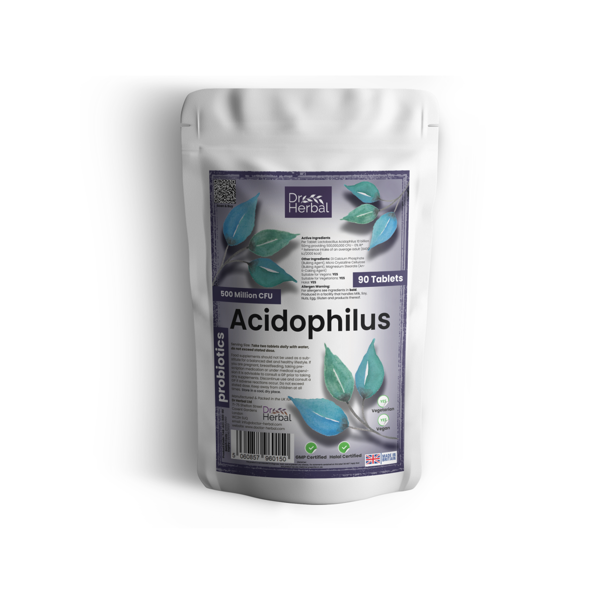 Dr Herbal Acidophilus 500 Million CFU Tablets – Live Friendly Bacteria Supplement for Digestive Balance, 90 Tablets