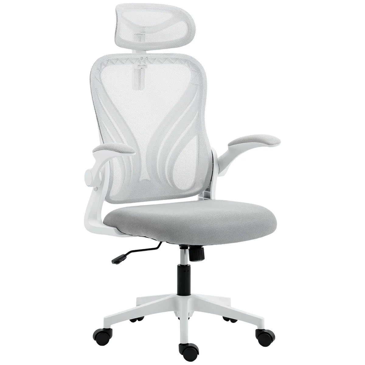 HOMCOM Ergonomic Office Chair with Foldable Backrest, 2D Headrest & Flip-Up Arms – Mesh Desk Chair, Light Grey