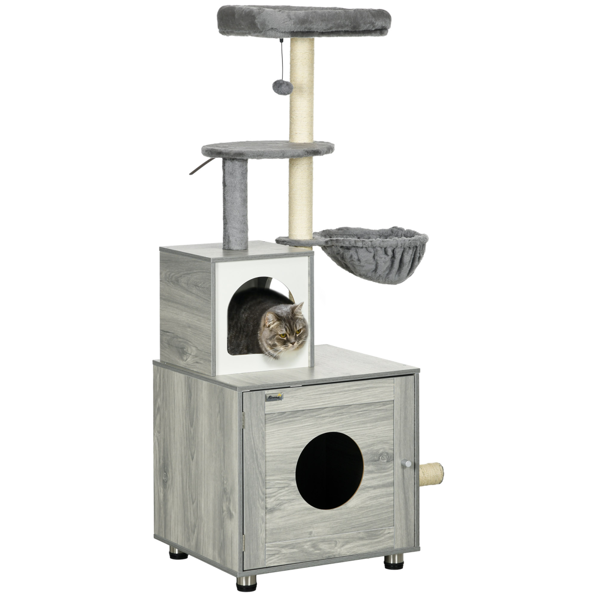 PawHut Cat Litter Box Enclosure with Cat House, Bed, Scratching Posts and Platform – 2-in-1 Cat Tree, Grey
