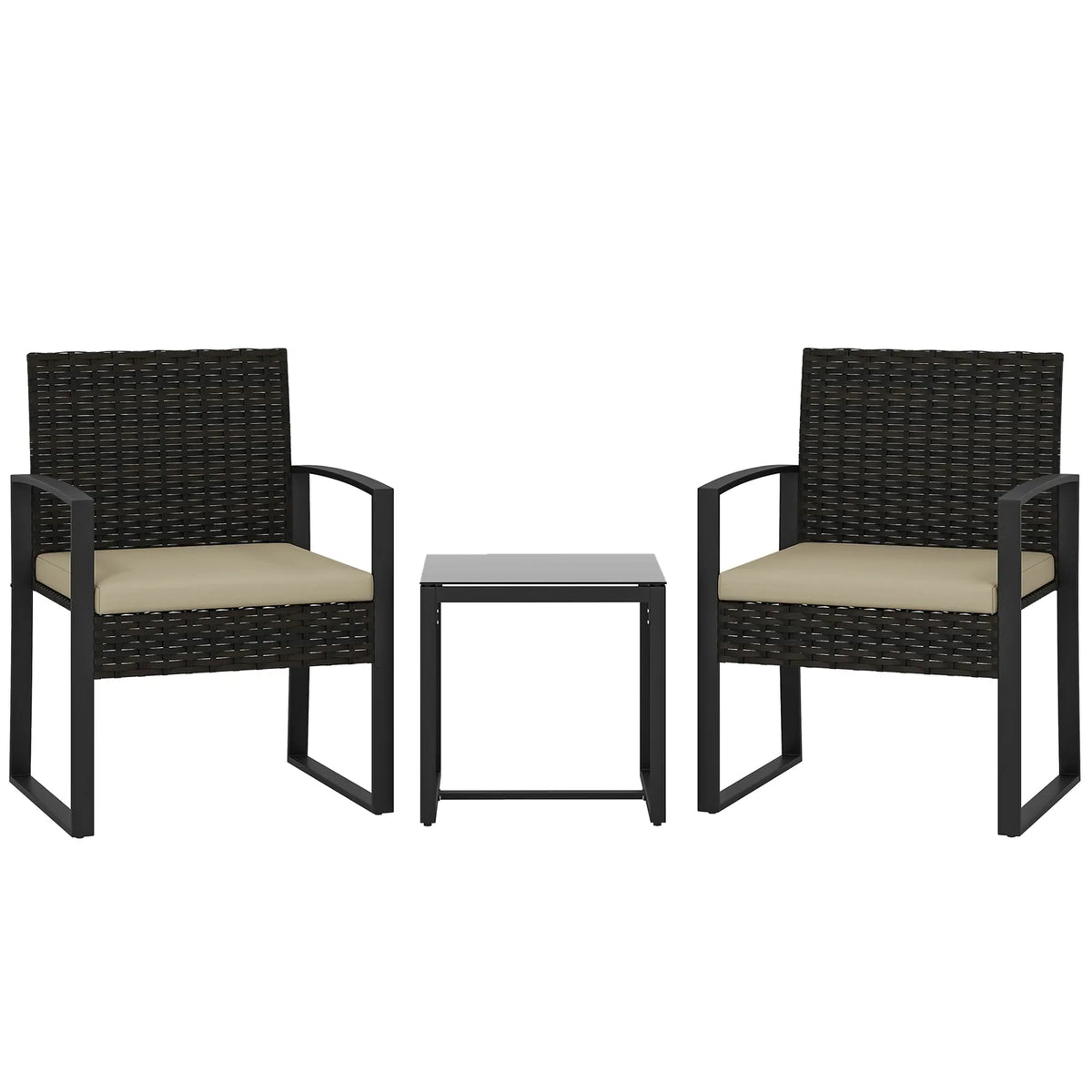 Outsunny 3 Piece Rattan Bistro Set with Glass Top Table and Cushions, Khaki