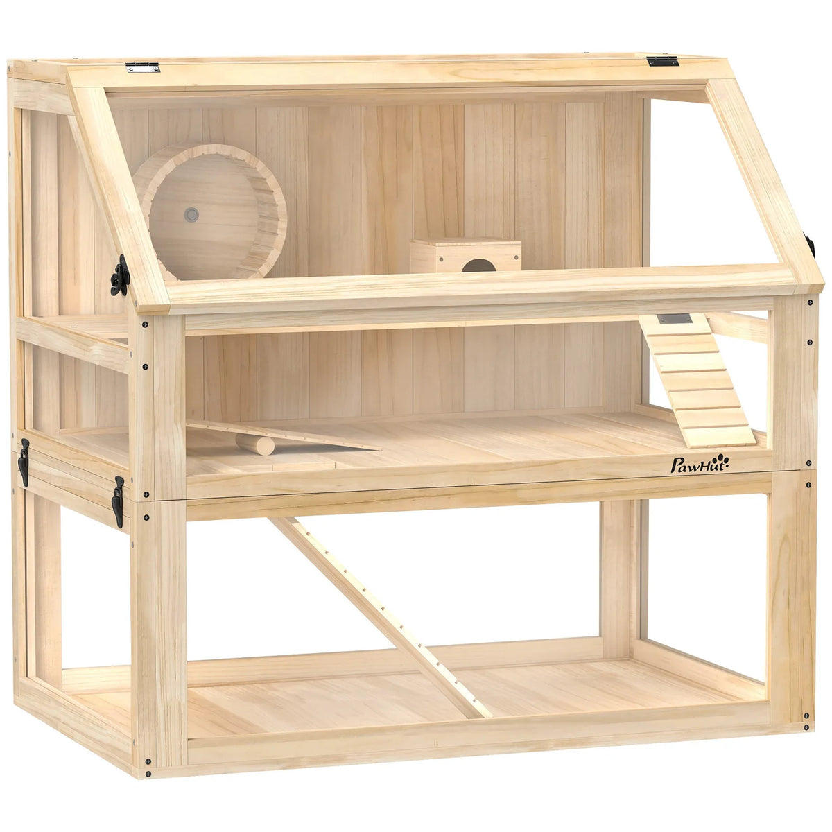 PawHut Wooden Hamster Cage with 31cm Deep Base, Hut, Seesaw, Exercise Wheel and Ramp, 80 x 50 x 76cm – Natural