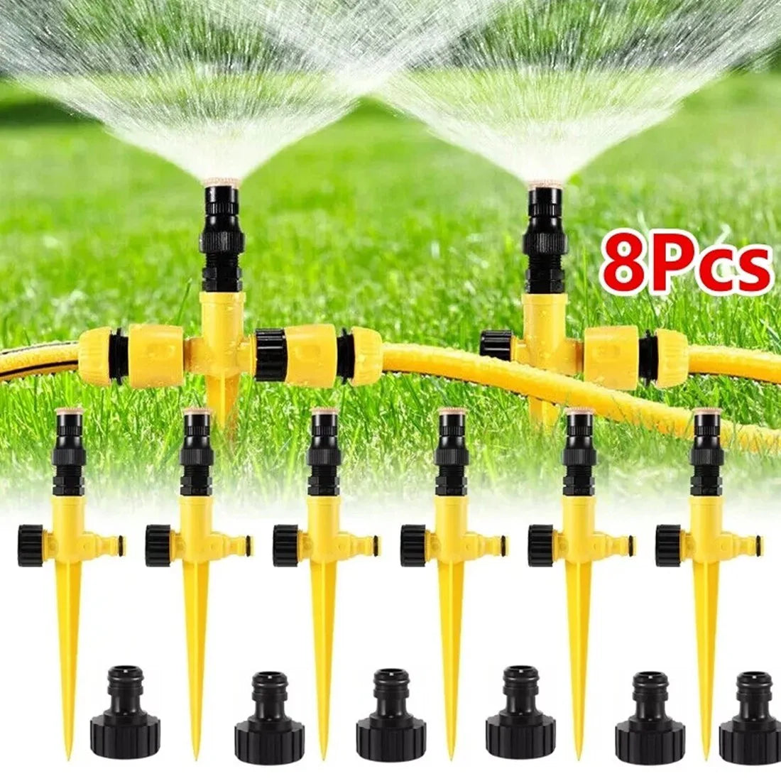 8 Piece 360° Rotating Garden Lawn Sprinkler Spike Set – Automatic Watering Hose Sprinklers, Yellow