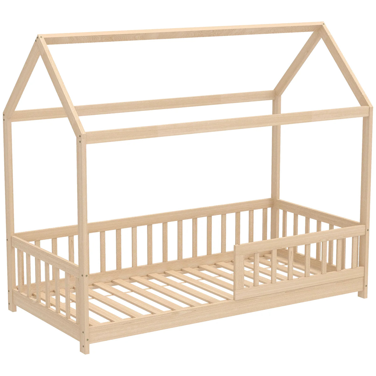 HOMCOM House-Shaped Kids Single Bed Frame with Guard Rails – Solid Pine, Natural Wood