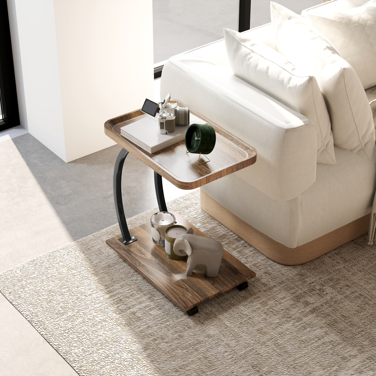 C-shaped rolling side table