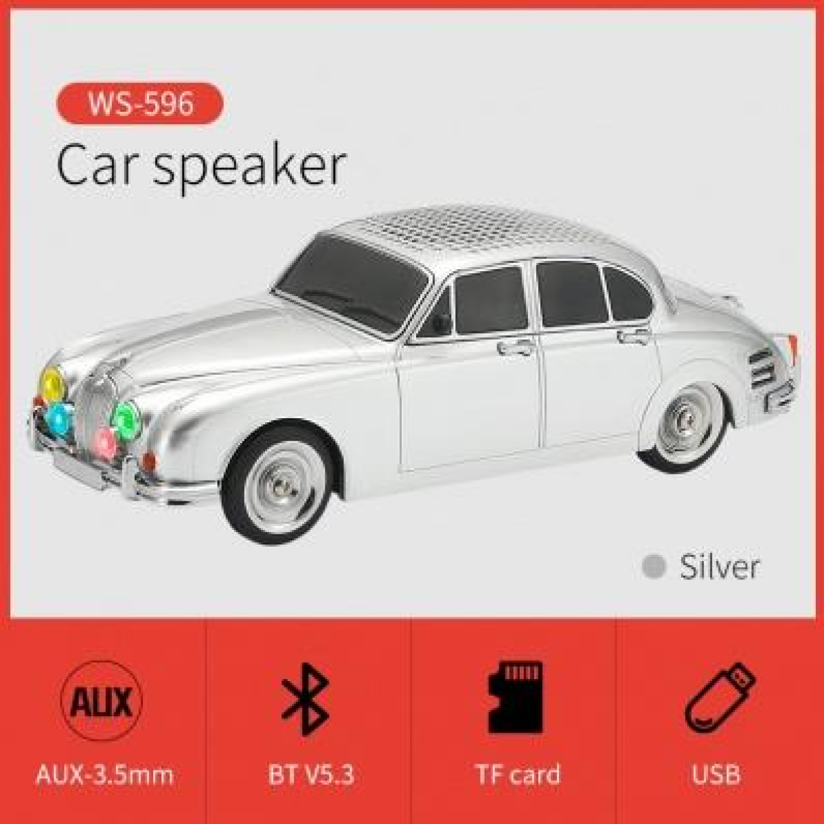 WSTER Wireless Bluetooth 5.0 Speaker with TF Card, USB & FM Radio – Deep Bass, Disco Light, Silver