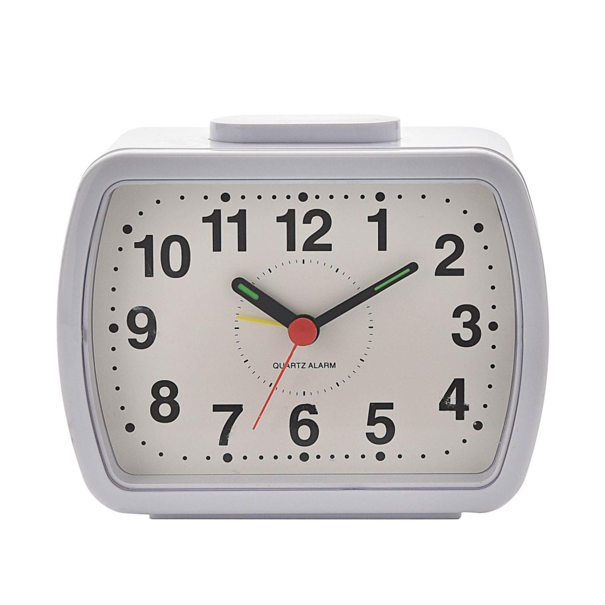Widdop Quartz Bell Alarm Clock 5184W – Small Oblong Case, White and Green Dial