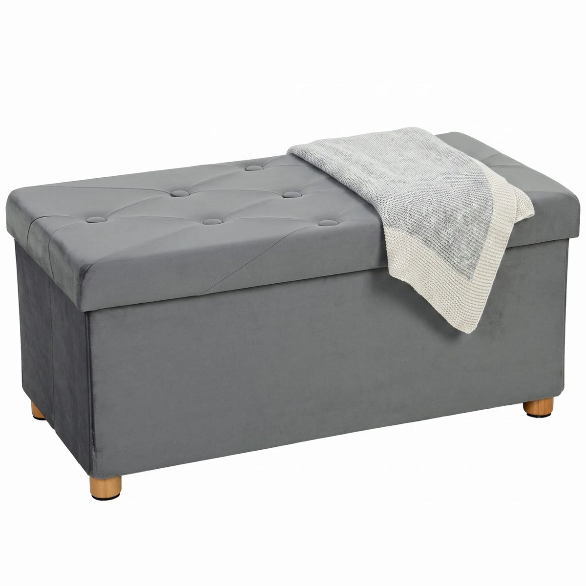 HOMCOM Velvet Upholstered Foldable Storage Ottoman Bench with Wood Legs, 67L – Footrest for Living Room, Grey
