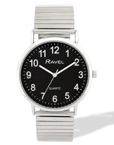 Ravel Men's Everyday Black Dial Watch with Silver Stainless Steel Expander Bracelet, 36mm