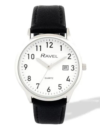 Ravel Men's Silver-Tone Dated Watch with White Dial and Black Faux Leather Strap