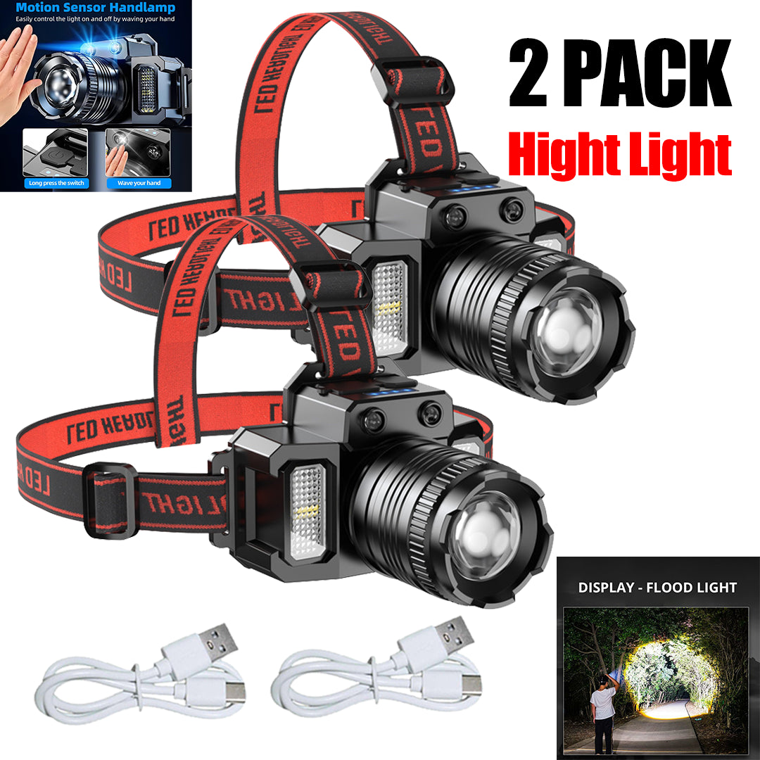 2 Pack Rechargeable LED Headlamps with Motion Sensor & Zoom – USB-C Headlight for Camping & Hiking, Black