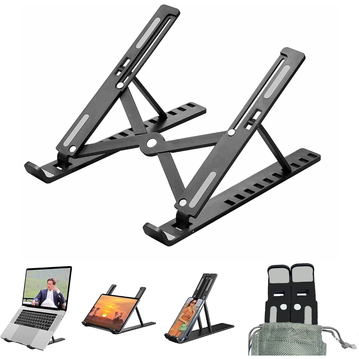 Portable Adjustable Laptop Stand with 7 Height Settings – Foldable Aluminium Alloy Notebook Holder, Black