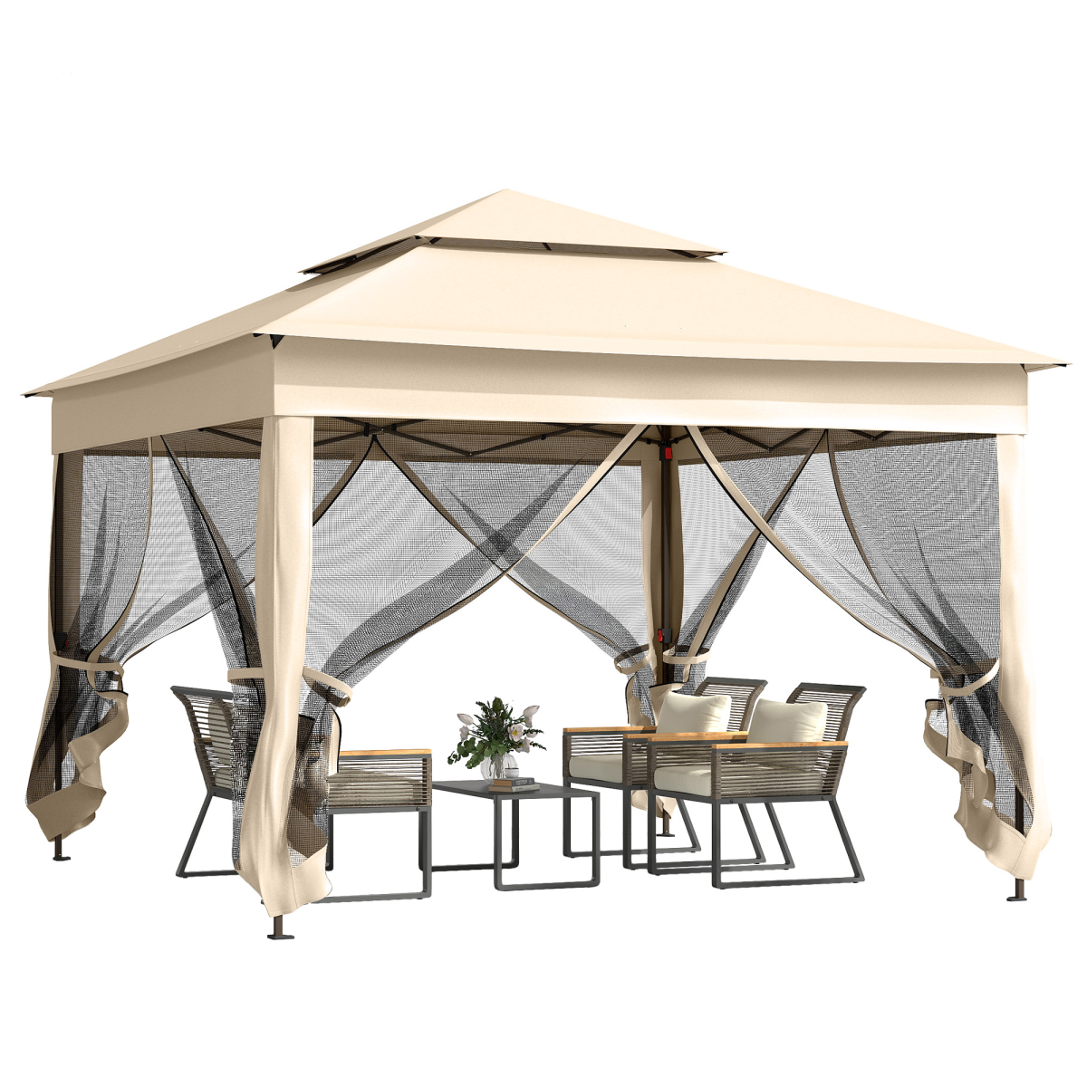 Outsunny 3.25x3.25m Heavy Duty Pop-Up Gazebo Party Tent with Net Curtains – Metal Frame, Cream White