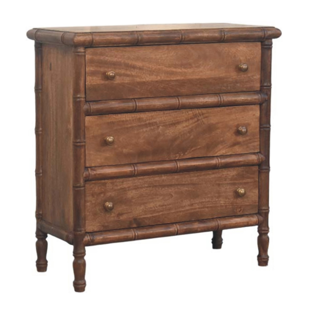 Artisan Furniture Solid Wood Bamboo Carved 3 Drawer Chest with Brass Knobs – Bedroom Storage, Brown