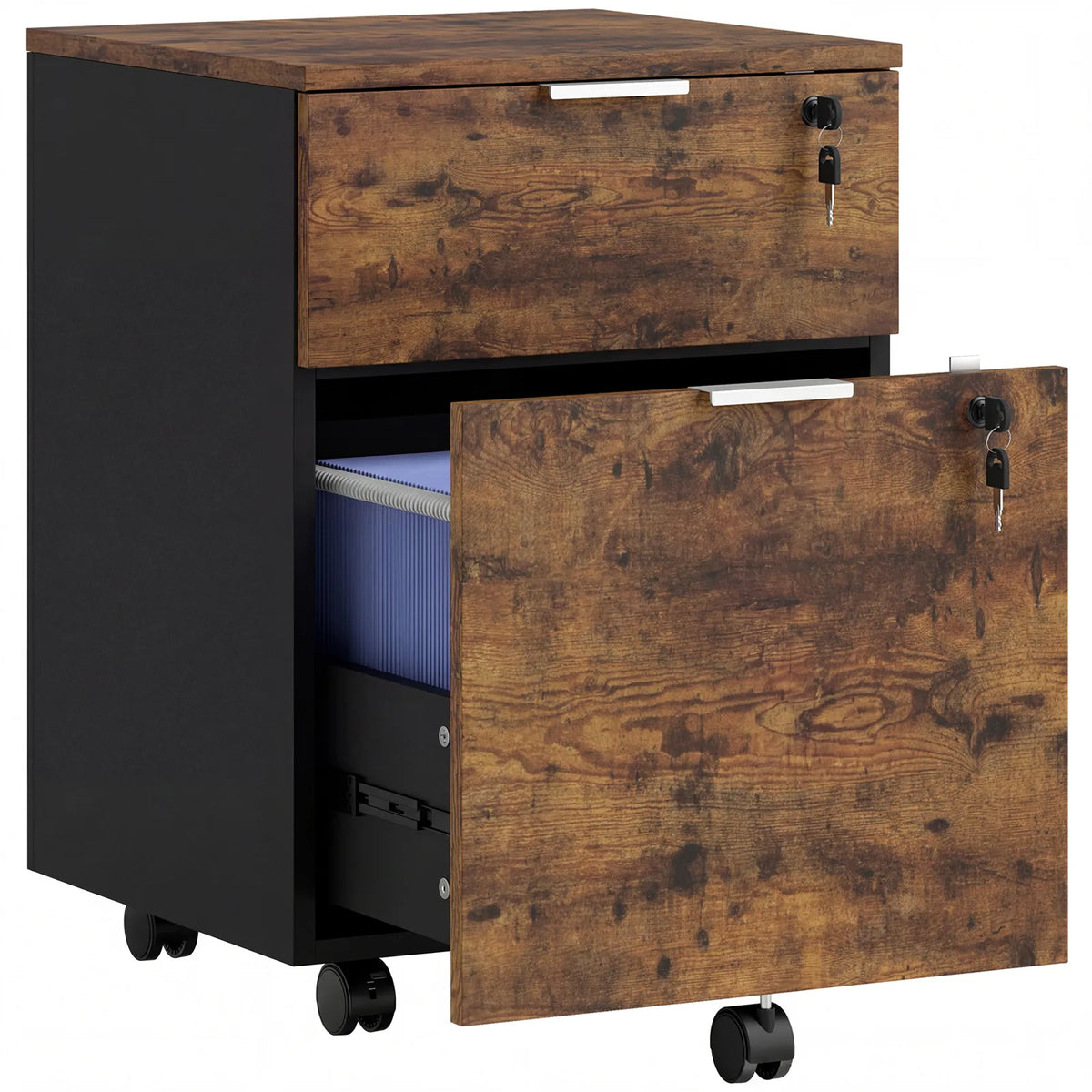 HOMCOM Two-Drawer Lockable Filing Cabinet on Wheels – Under Desk Office Storage, Black and Brown