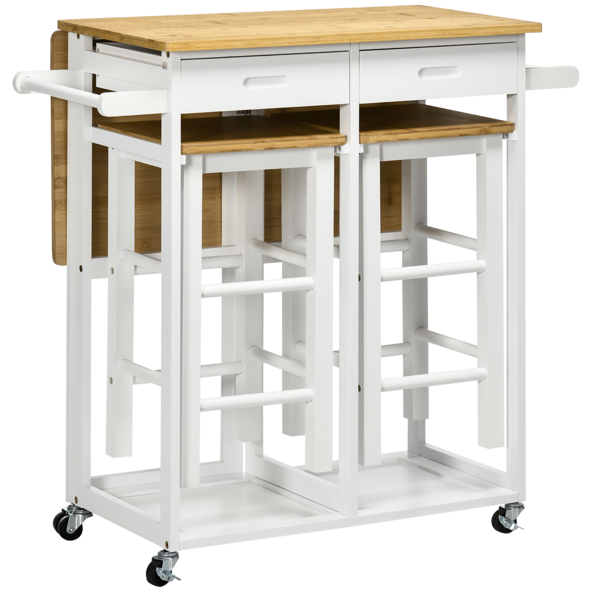 HOMCOM bamboo breakfast cart with two stools