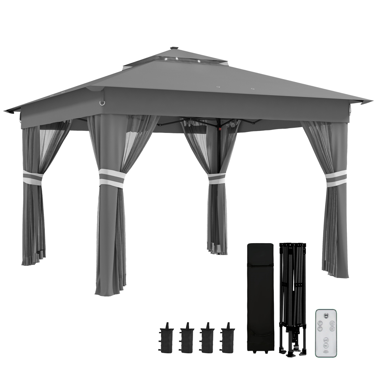 Outsunny 3x3m Pop Up Gazebo with Solar LED Lights, Remote & Mesh Curtains – Garden Shelter, Grey