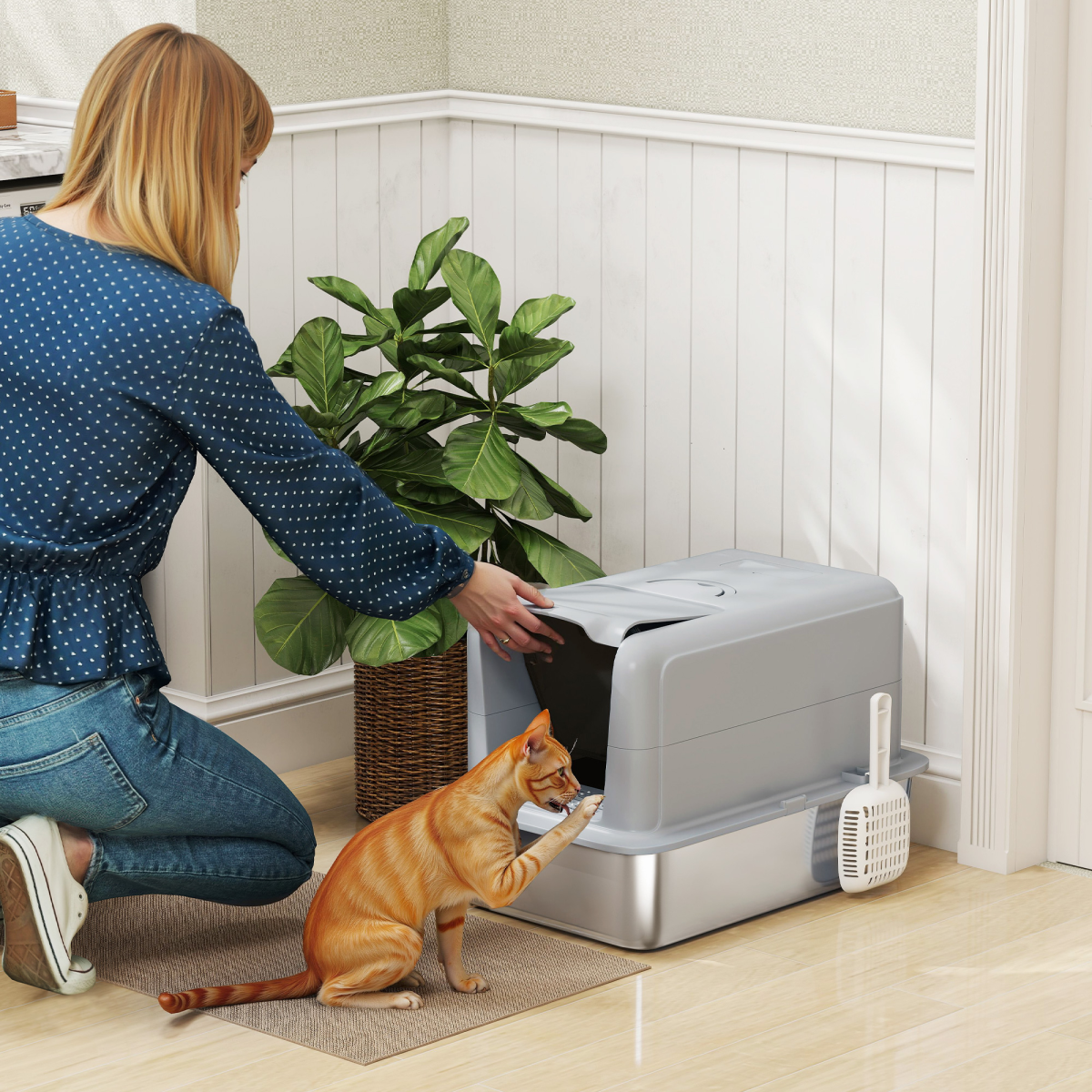Cat Litter Box with Stainless Steel Tray, Sand Filter & Scoop – Odour Control Pet Toilet, Grey and Silver