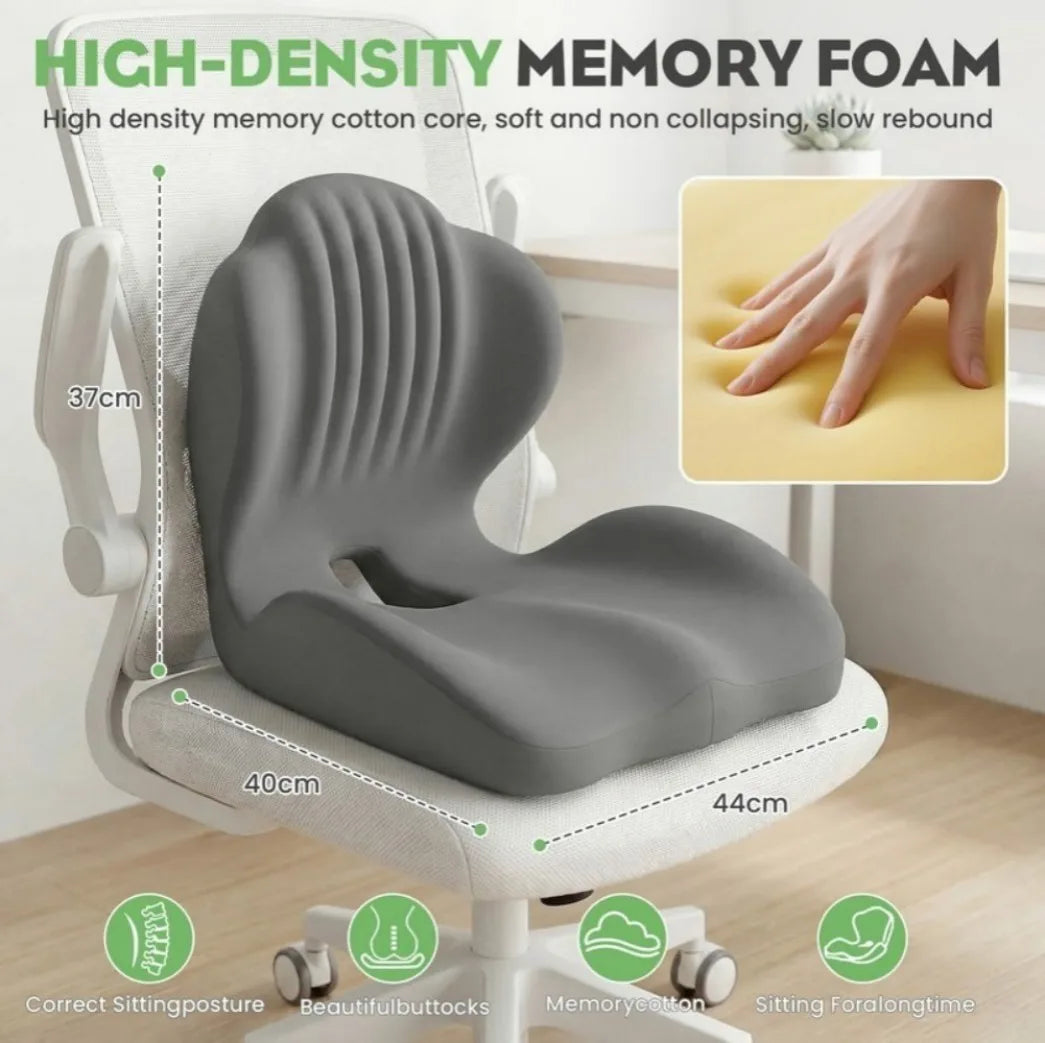 2-in-1 Ergonomic Memory Foam Back and Seat Cushion with Lumbar Support – L-Shaped, Non-Slip Base, Grey