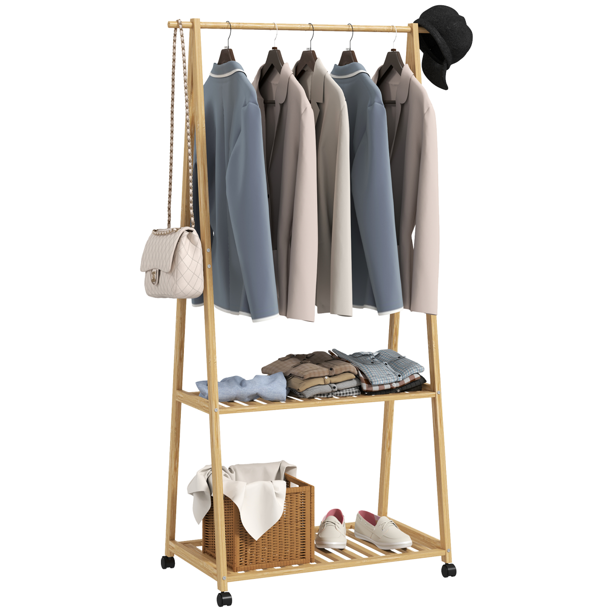 HOMCOM Bamboo Clothes Rail Rack with 2 Storage Shelves and Wheels – Compact Wardrobe, Natural Wood Effect