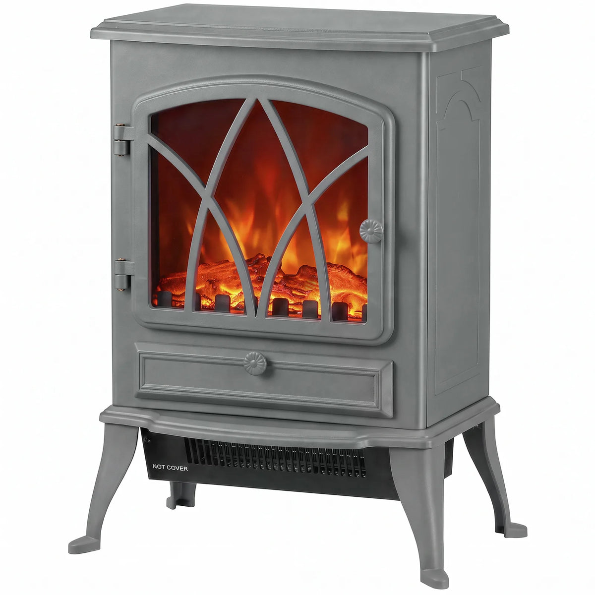 HOMCOM Vintage Electric Fireplace Stove, 1000W/2000W Freestanding with LED Flame and Thermostat – Grey