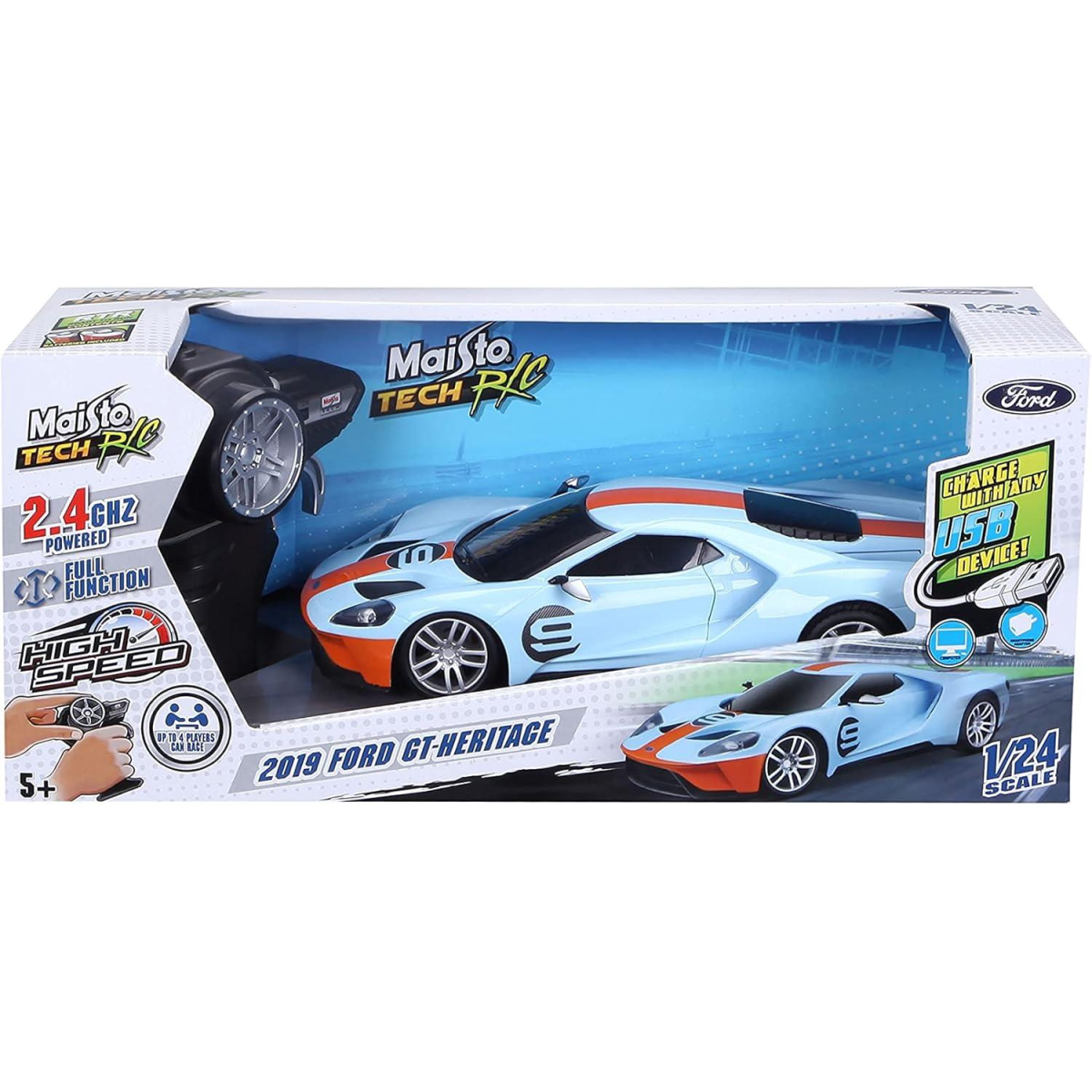 Maisto Tech Premium 2.4GHz Remote Control Ford GT Heritage Super Car, 1:24 Scale – Rechargeable RC Car