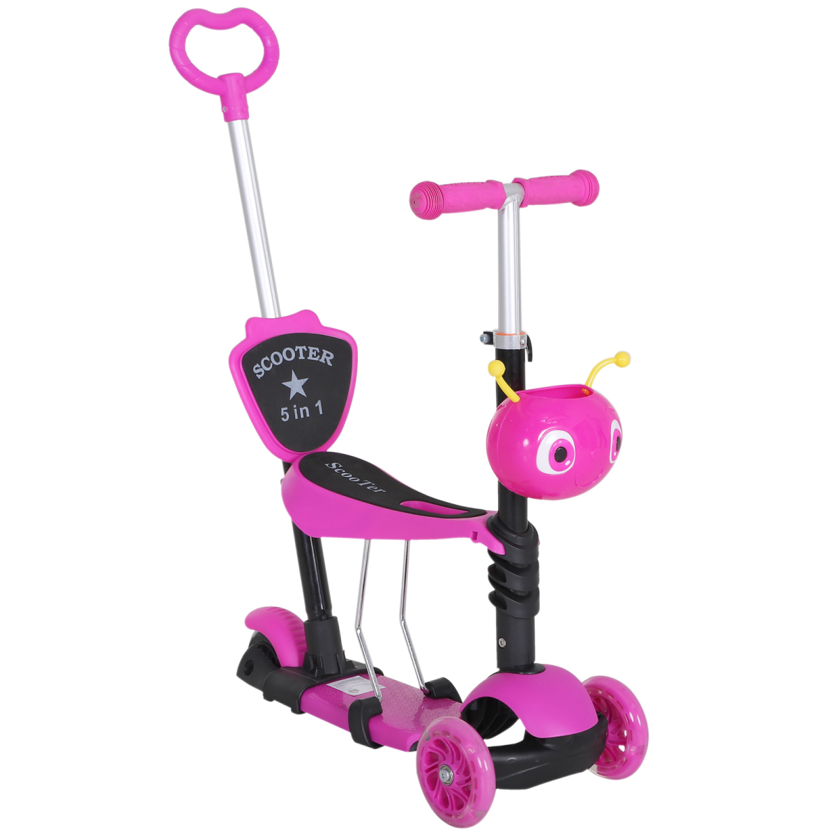HOMCOM 5-in-1 Kids Kick Scooter with Removable Seat & Height-Adjustable Handle – Lean-to-Steer Toddler Scooter