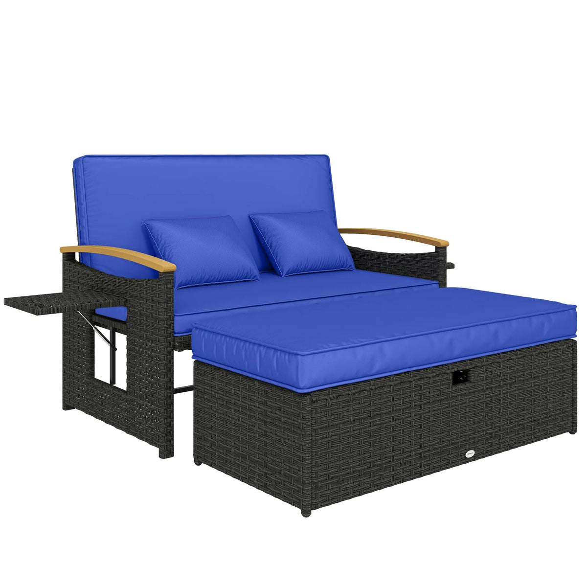Outsunny Double Rattan Garden Daybed with Storage Ottoman – 3-in-1 Sun Lounger with Adjustable Backrest and Side Tables, Brown