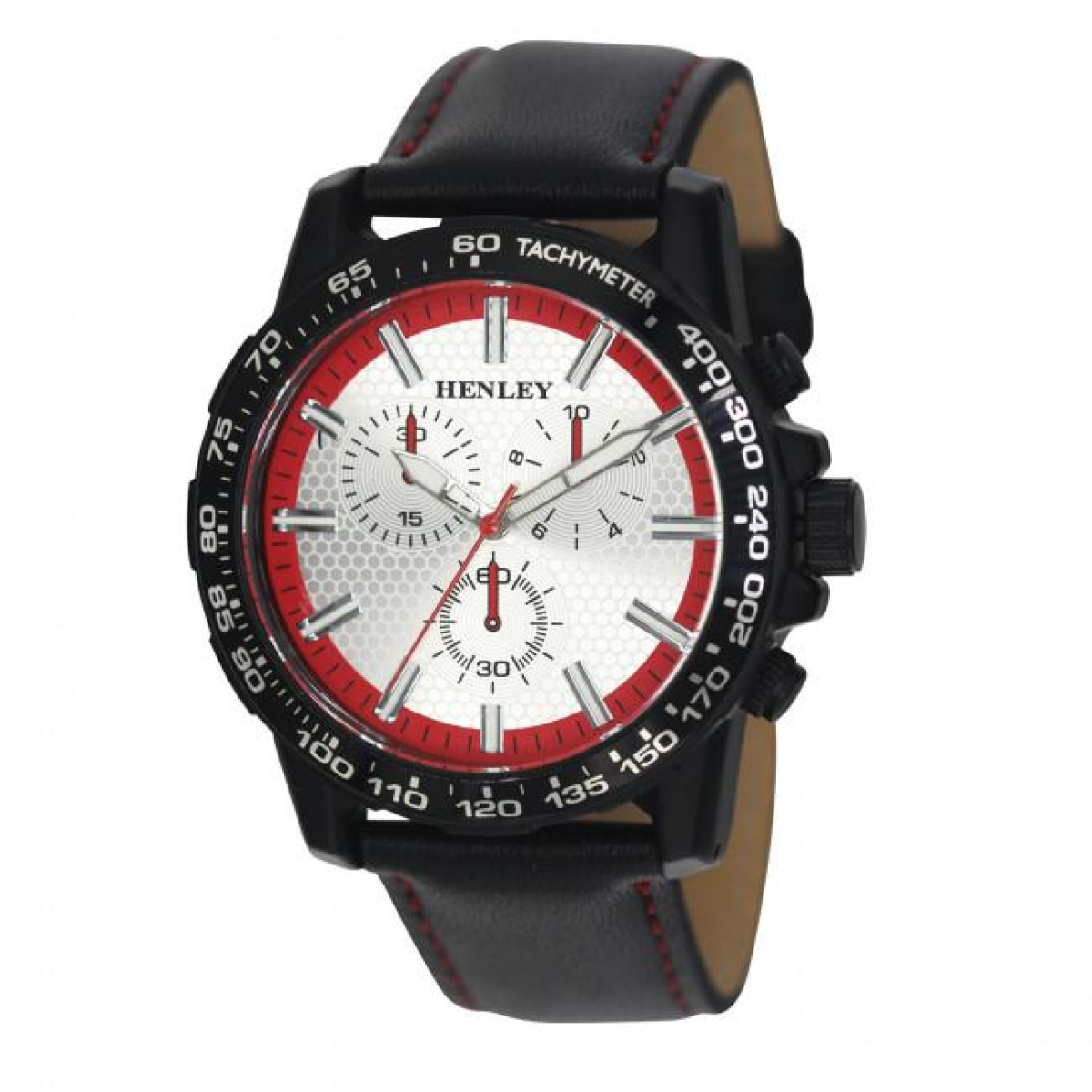 Henley Men's Satin Black Multi Eye Sports Watch, Red Highlights, Coloured Stitch Strap