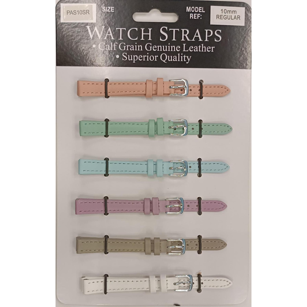 Sun Calf Leather Watch Straps, Mixed Pastel Colours, Silver Buckle – Card of 6