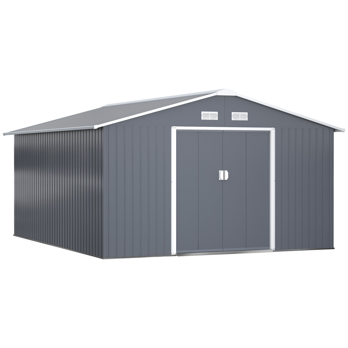 Outsunny 13 x 11FT Galvanised Steel Garden Shed with Sliding Double Door, Ventilation & Floor Foundation, Grey