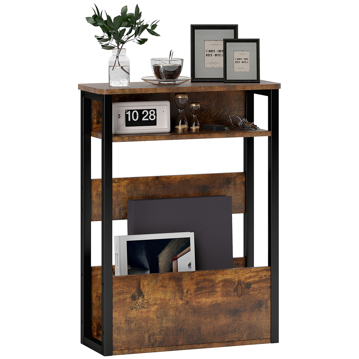 HOMCOM Narrow Industrial Side Table with Storage Shelves – Bedside or End Table, Rustic Brown
