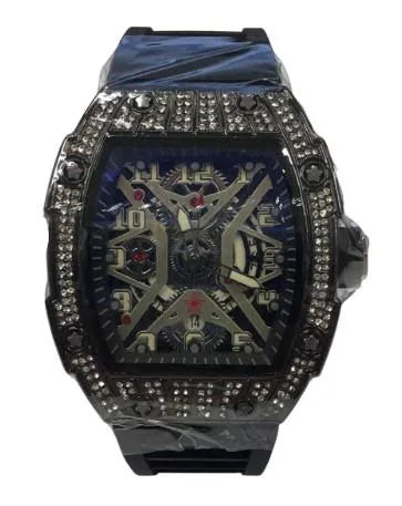 Longbo Gents Quartz Watch with Skeleton Clear Dial & Black Rubber Strap – Black Fashion Wristwatch