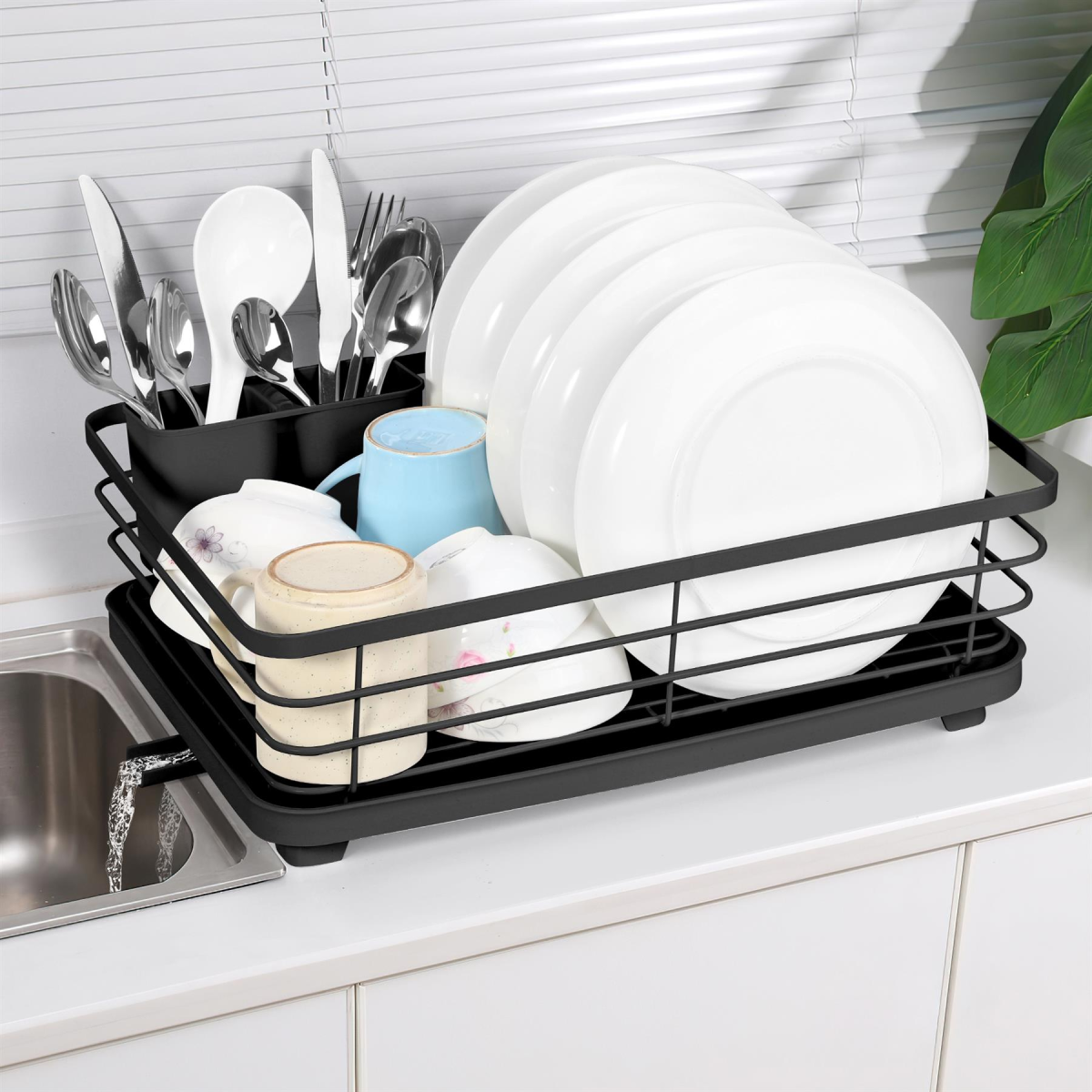 Vinsani Stainless Steel Dish Rack with Rotating Drainage Tube & Utensil Holder – Space-Saving Drainer