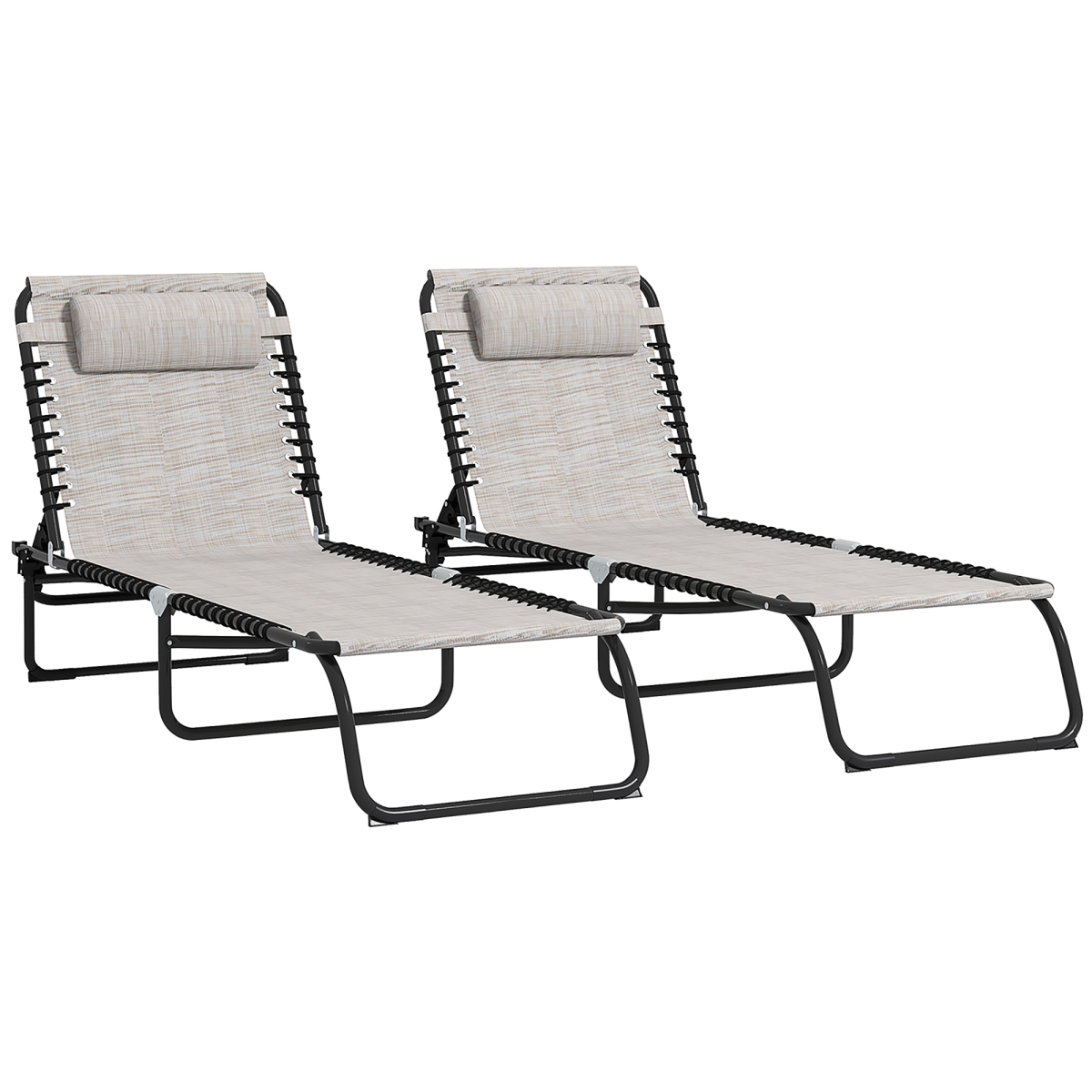 Outsunny Set of 2 Folding Beach Lounge Chairs with 4 Recline Positions & Headrest – Sun Loungers, Cream