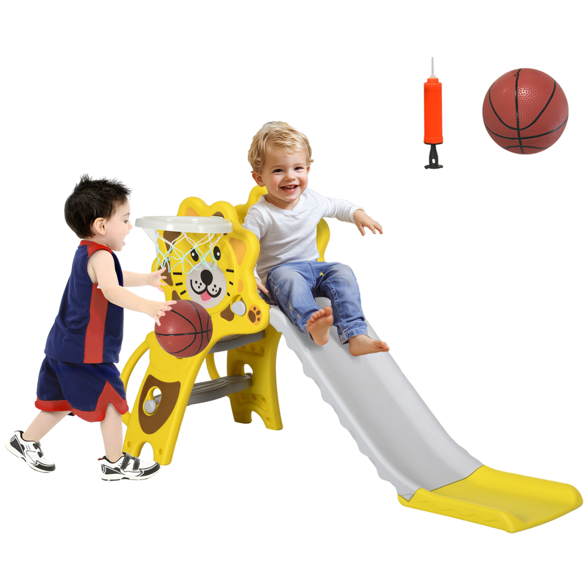 AIYAPLAY 2 in 1 Kids Slide with Basketball Hoop – Indoor Lion Toddler Play Set for 18-36 Months, Yellow