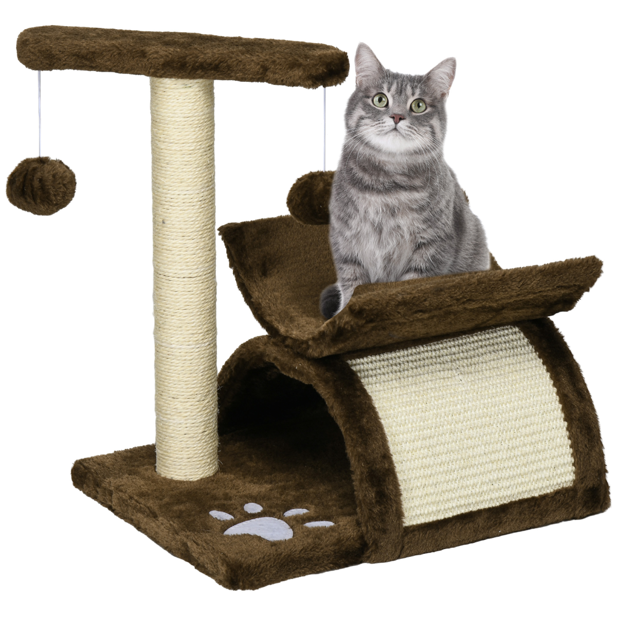 PAWHUT Cat Tree with Sisal Scratching Bridge, Tunnel and Dangling Balls – Plush Kitty Activity Centre for Indoor Cats