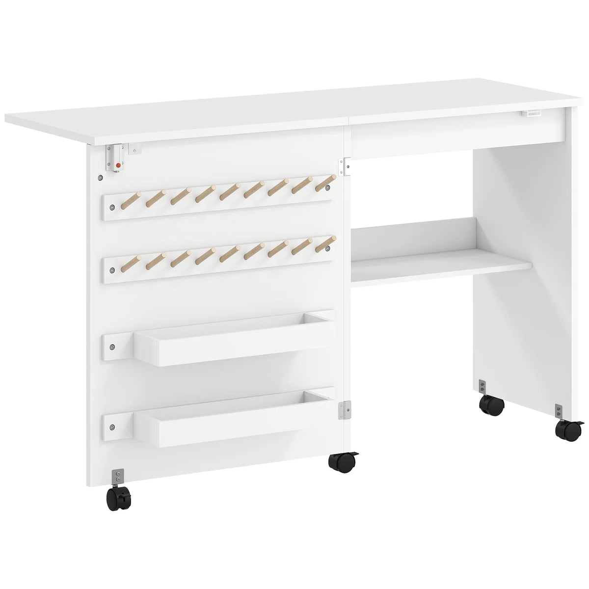 HOMCOM Folding Sewing Table with Storage, Shelf and Lockable Casters – Rolling Craft Table for Small Spaces, White