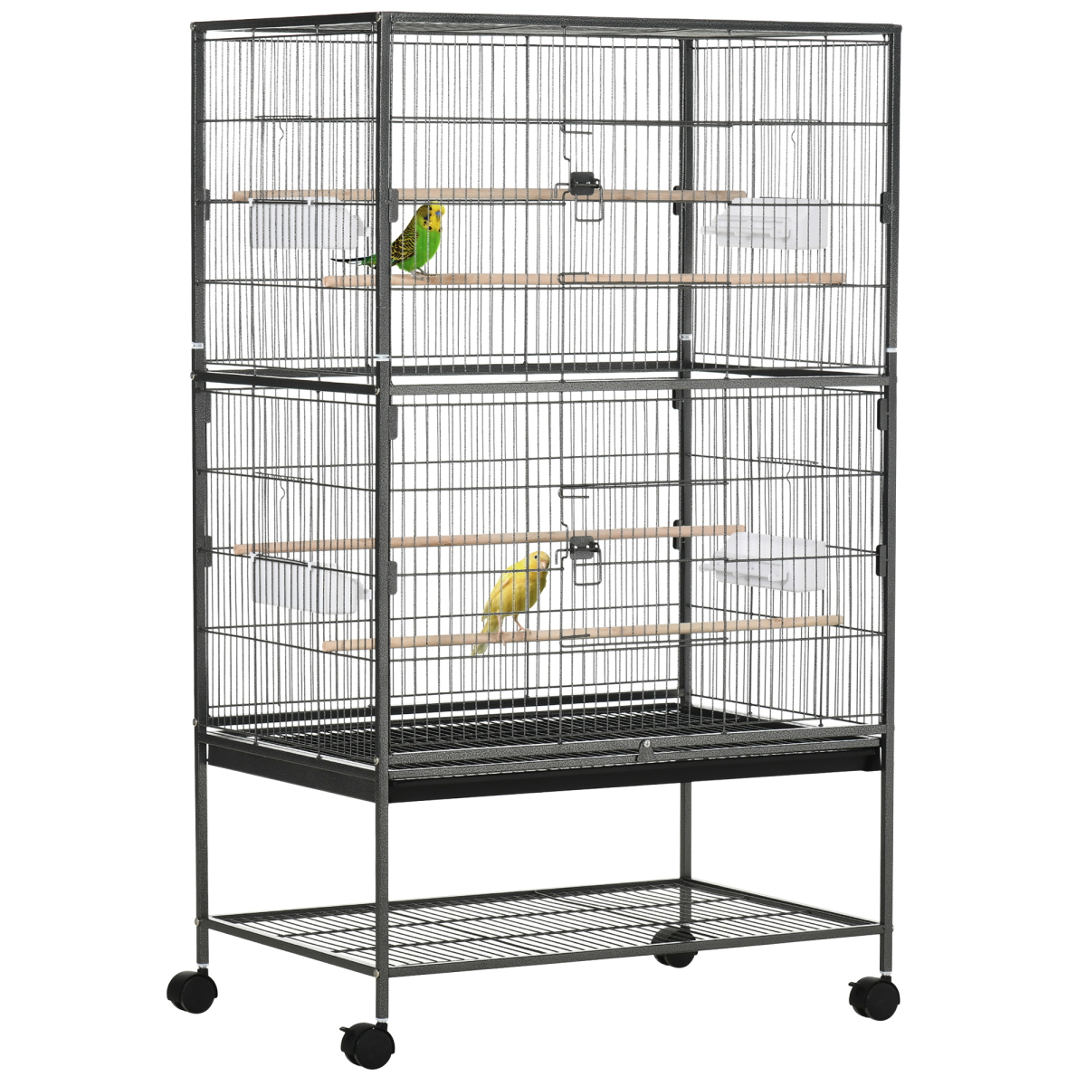 Bird Cage Aviary for Budgies and Canaries with Rolling Stand and Slide-Out Tray – Perches and Food Cups, Grey
