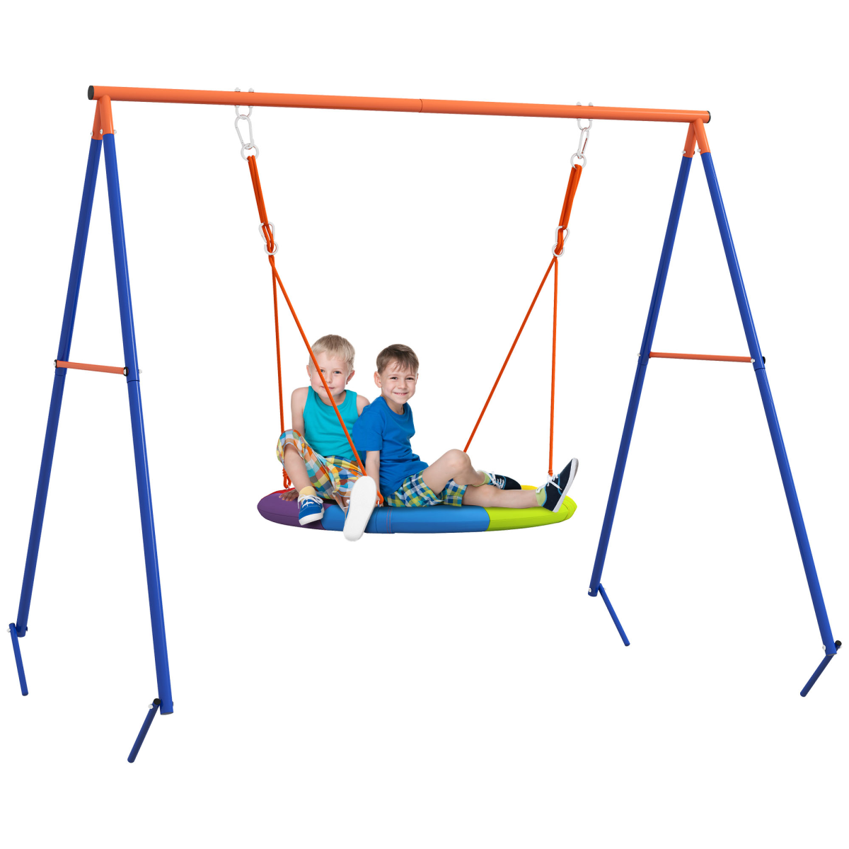 Outsunny Kids Swing Nest Seat with A-Frame Metal Structure – Outdoor Garden Swing for Two, Multicoloured