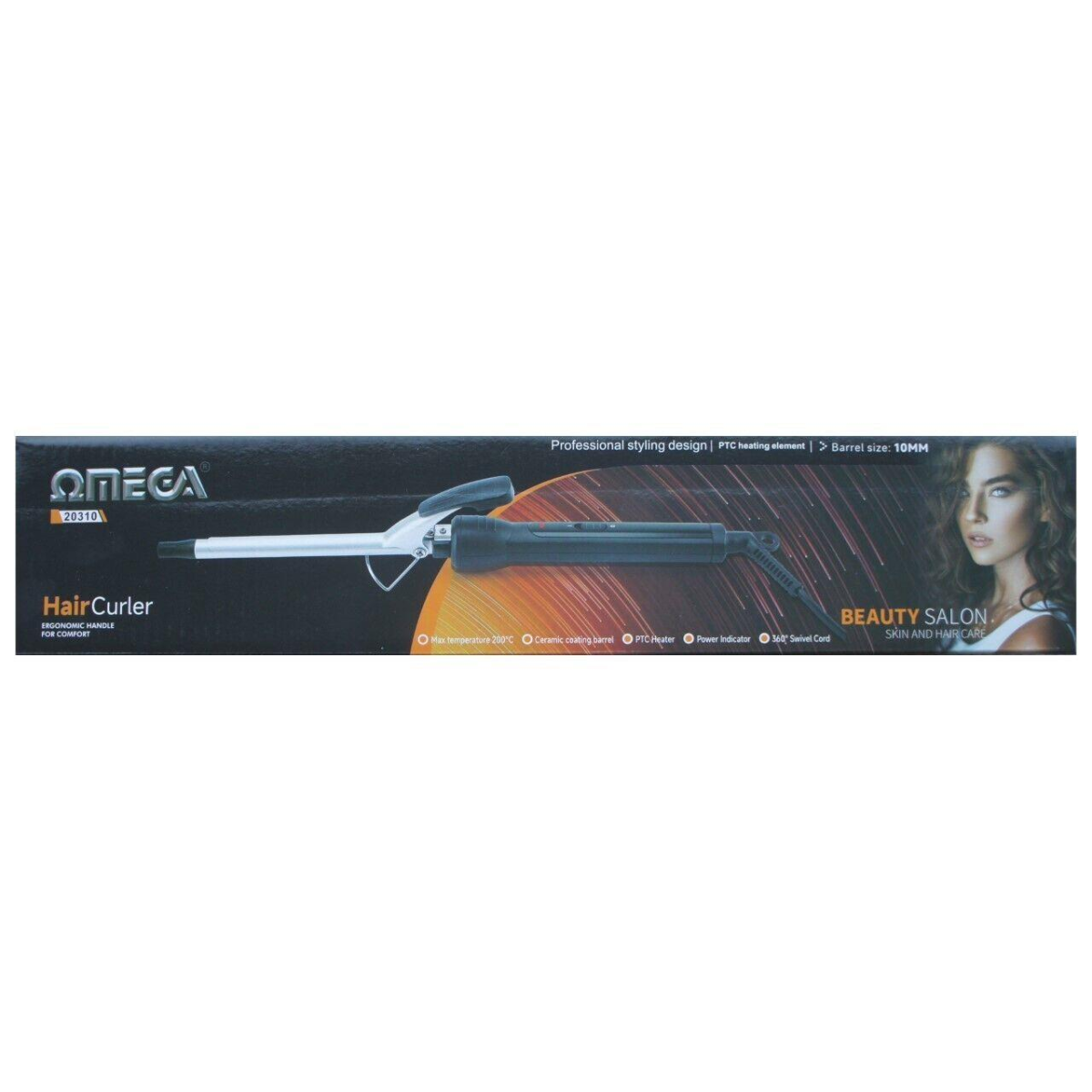 Omega 10mm Ceramic Barrel Hair Curler with 200°C Rapid Heating – Anti-Scalding Design, 360° Swivel Cord