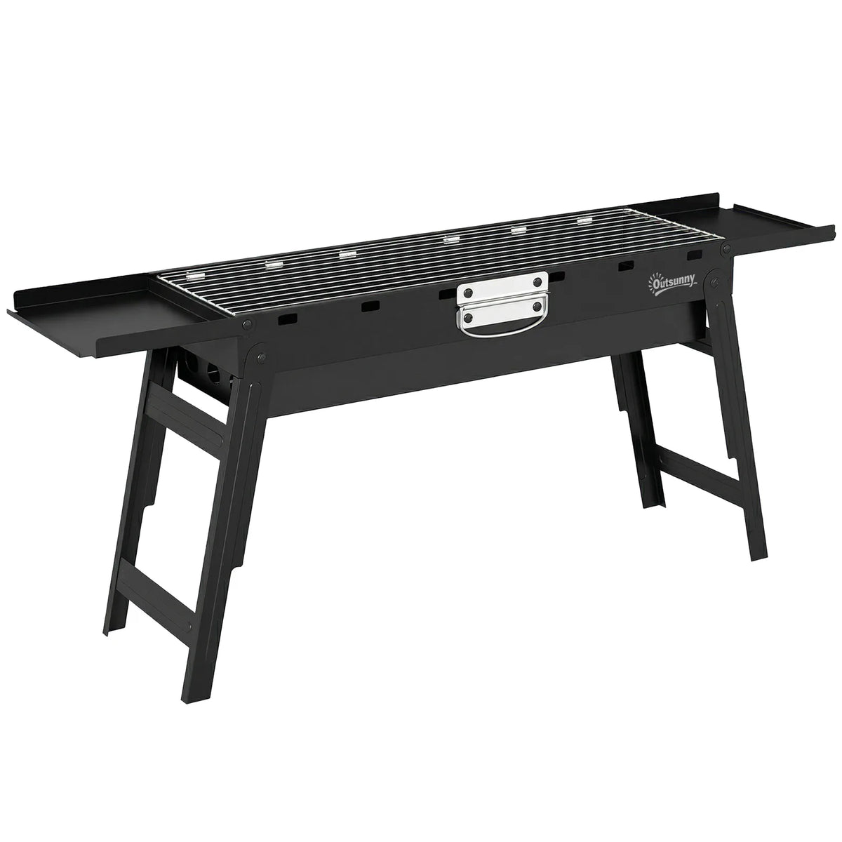 Outsunny Portable Folding Charcoal BBQ Grill with 2 Side Shelves and Handle – Camping and Picnic Barbecue, Black